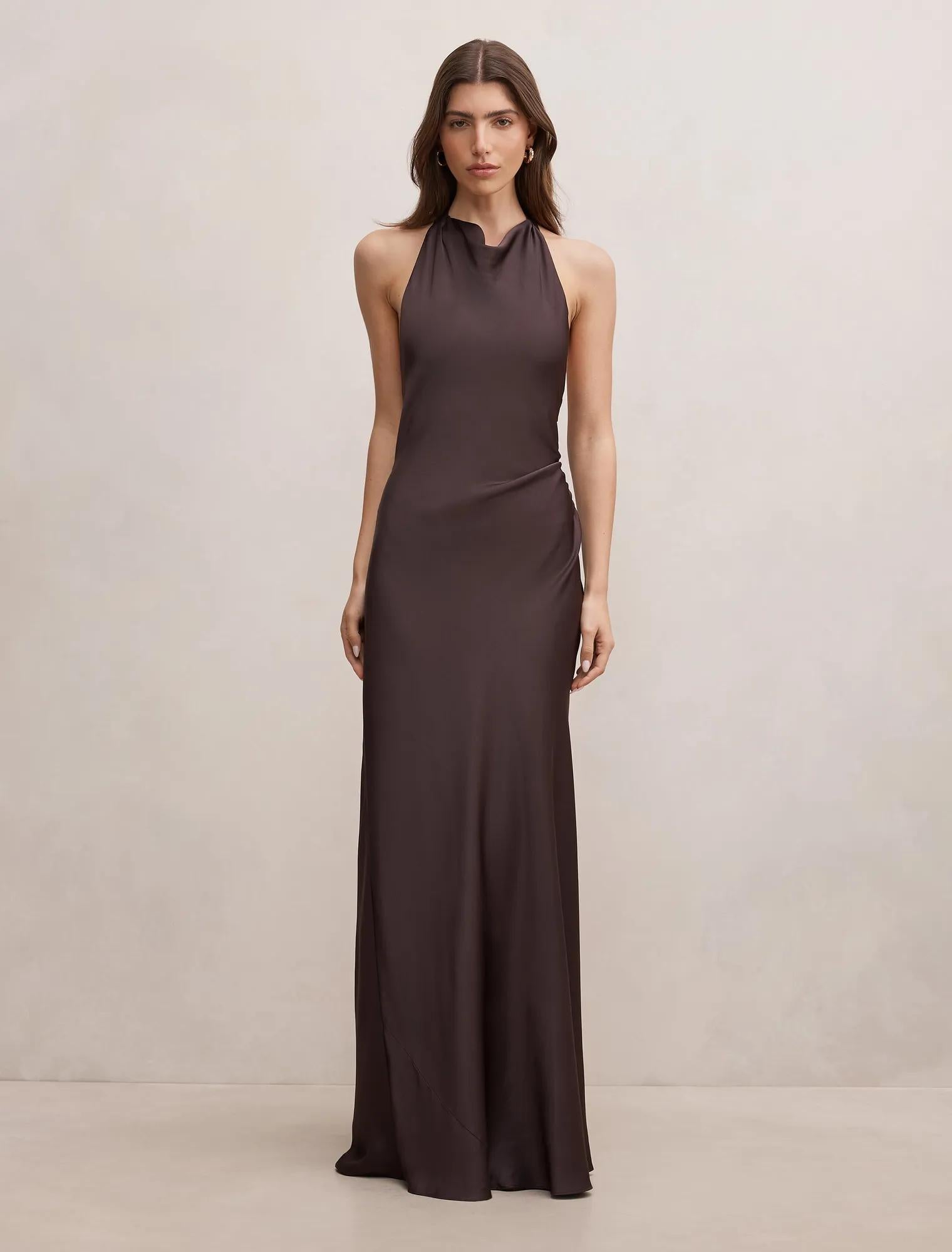 Drew Halter Back Tie Maxi Warm Chocolate – Forever New