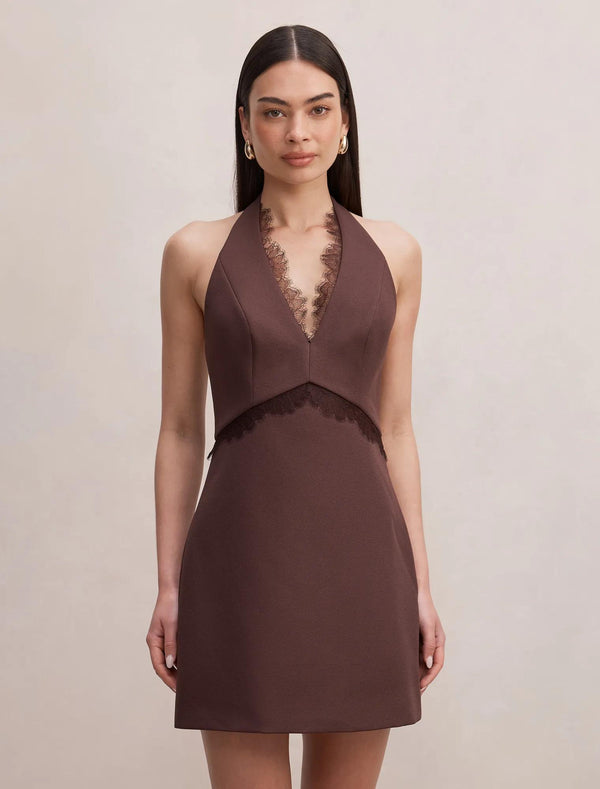 Kobi Lace Halter Mini Dress Dark Chocolate