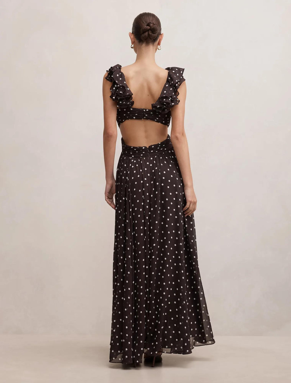 Selena Ruffle Shoulder Maxi Dress Brown Vale Spot