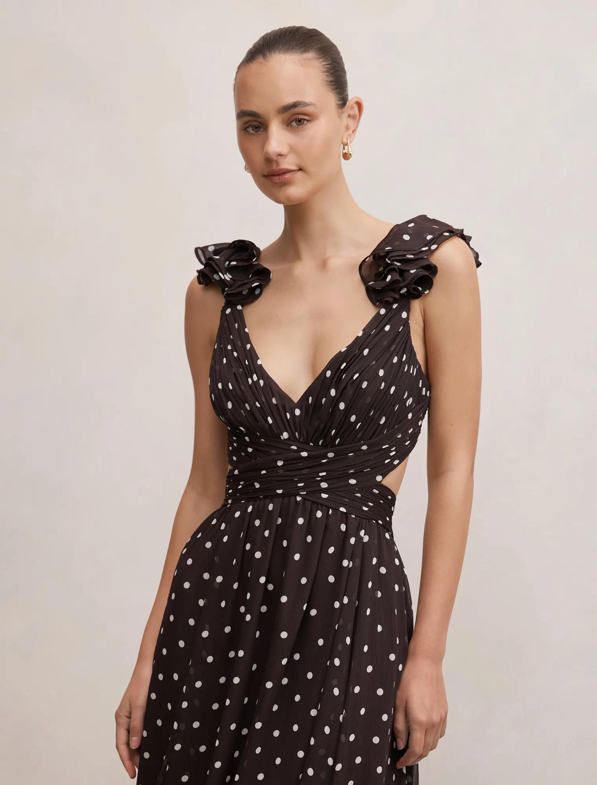 Selena Ruffle Shoulder Maxi Dress Brown Vale Spot
