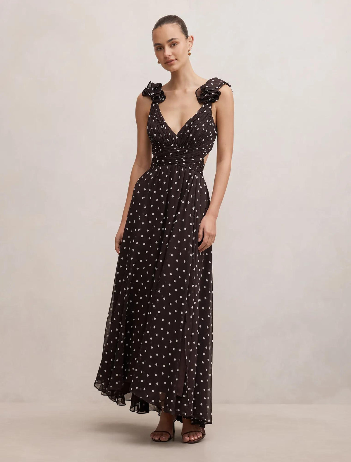 Selena Ruffle Shoulder Maxi Dress Brown Vale Spot