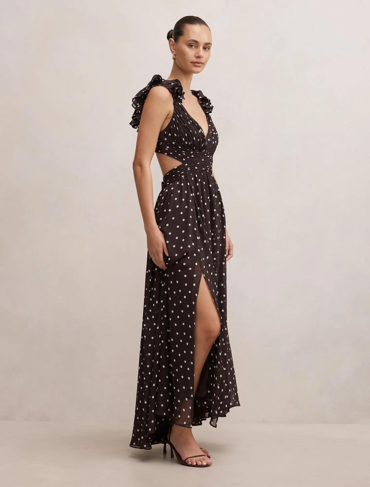 Selena Ruffle Shoulder Maxi Dress Brown Vale Spot