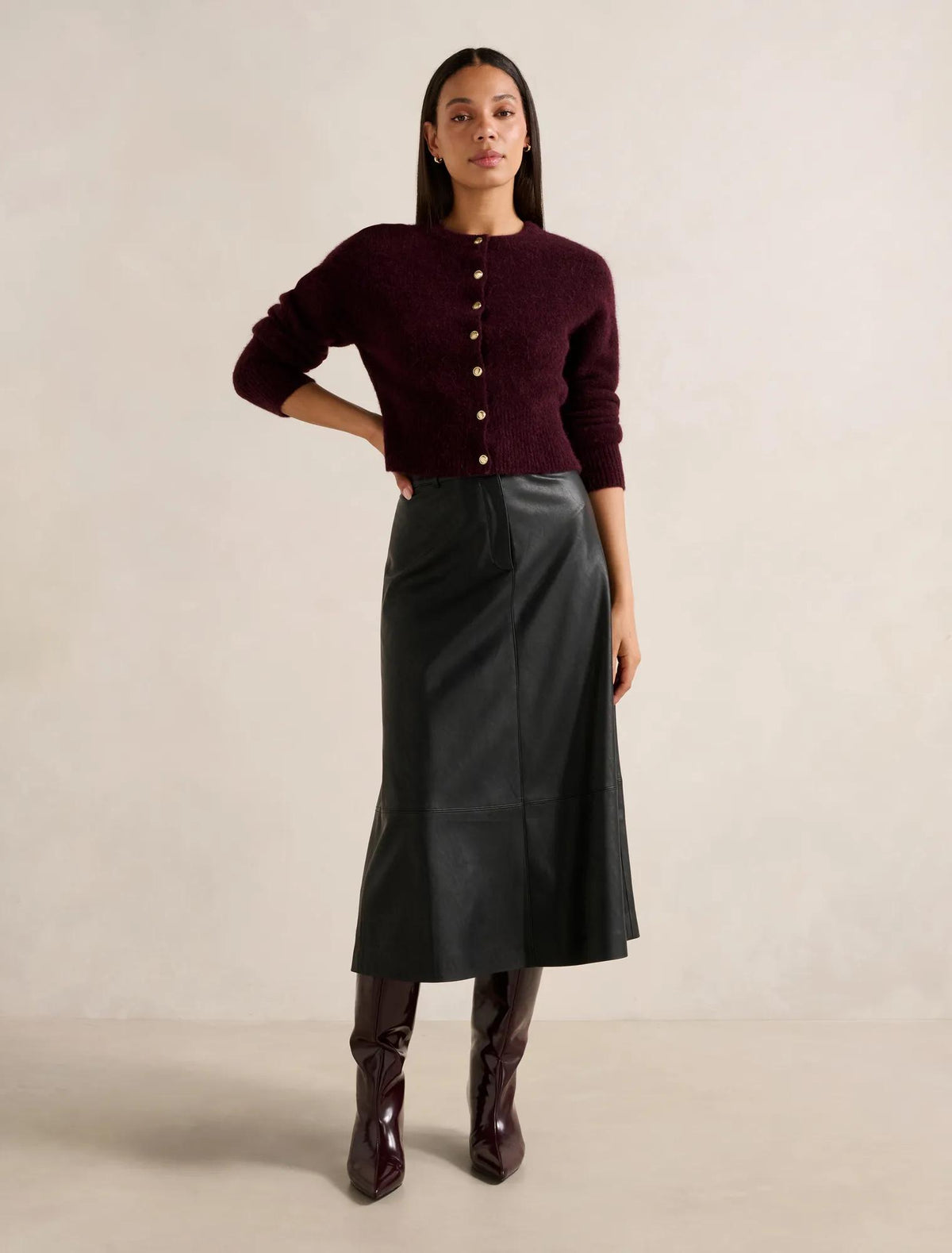 Jaelyn Vegan Leather Midi Skirt Black