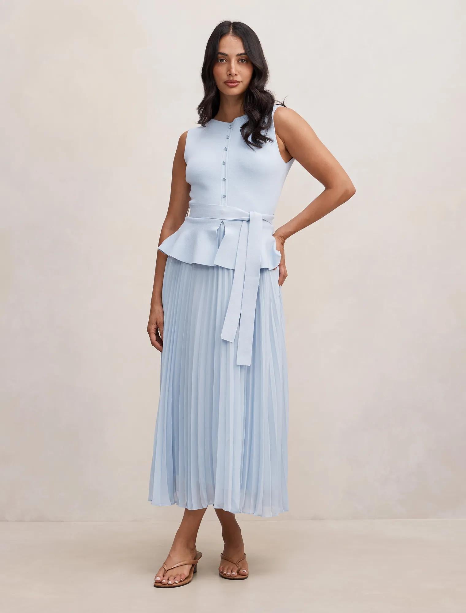 Luella Pleat Mixed Midi Dress Soft Blue