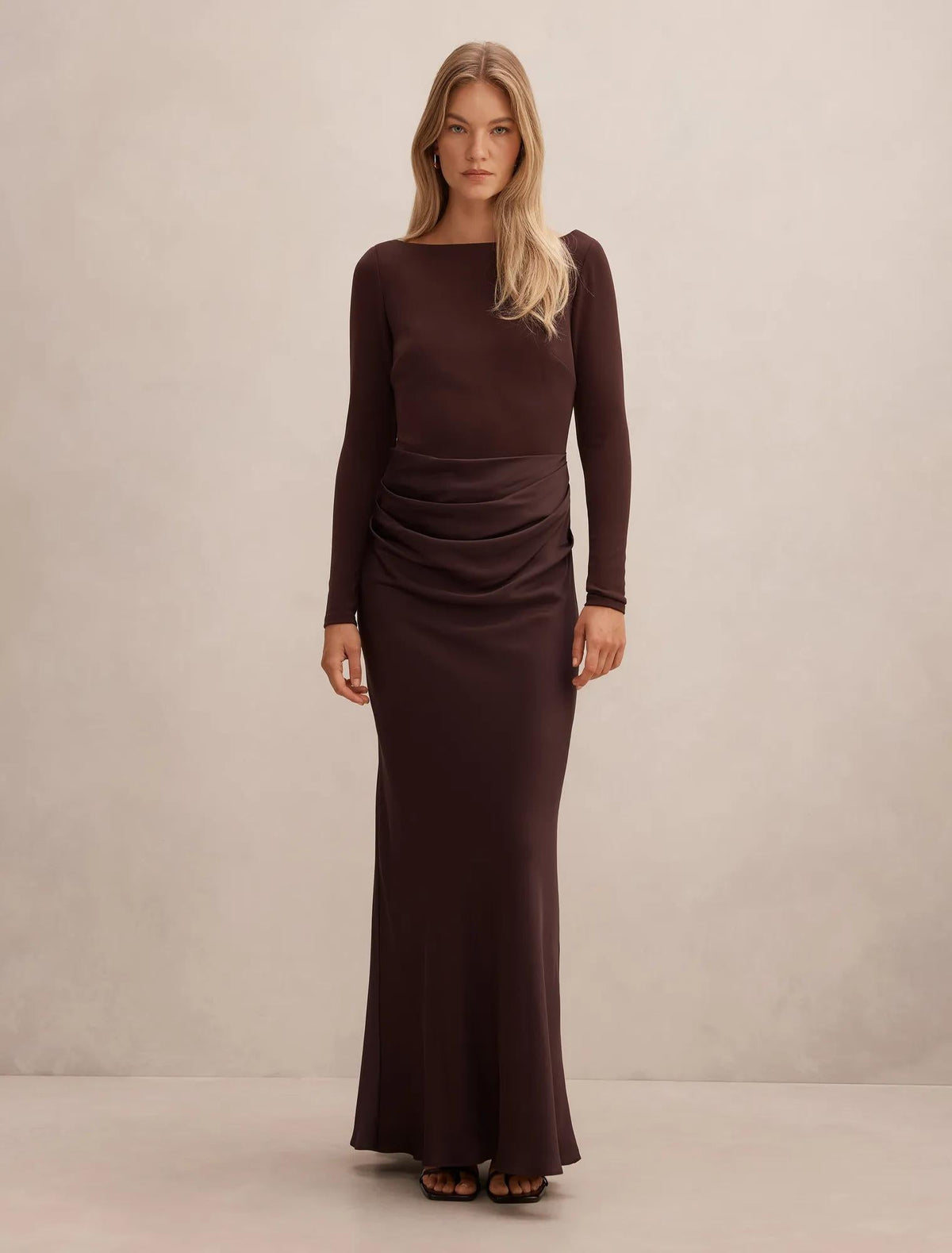 Briella Boat Neck Drape Maxi Dress Dark Chocolate