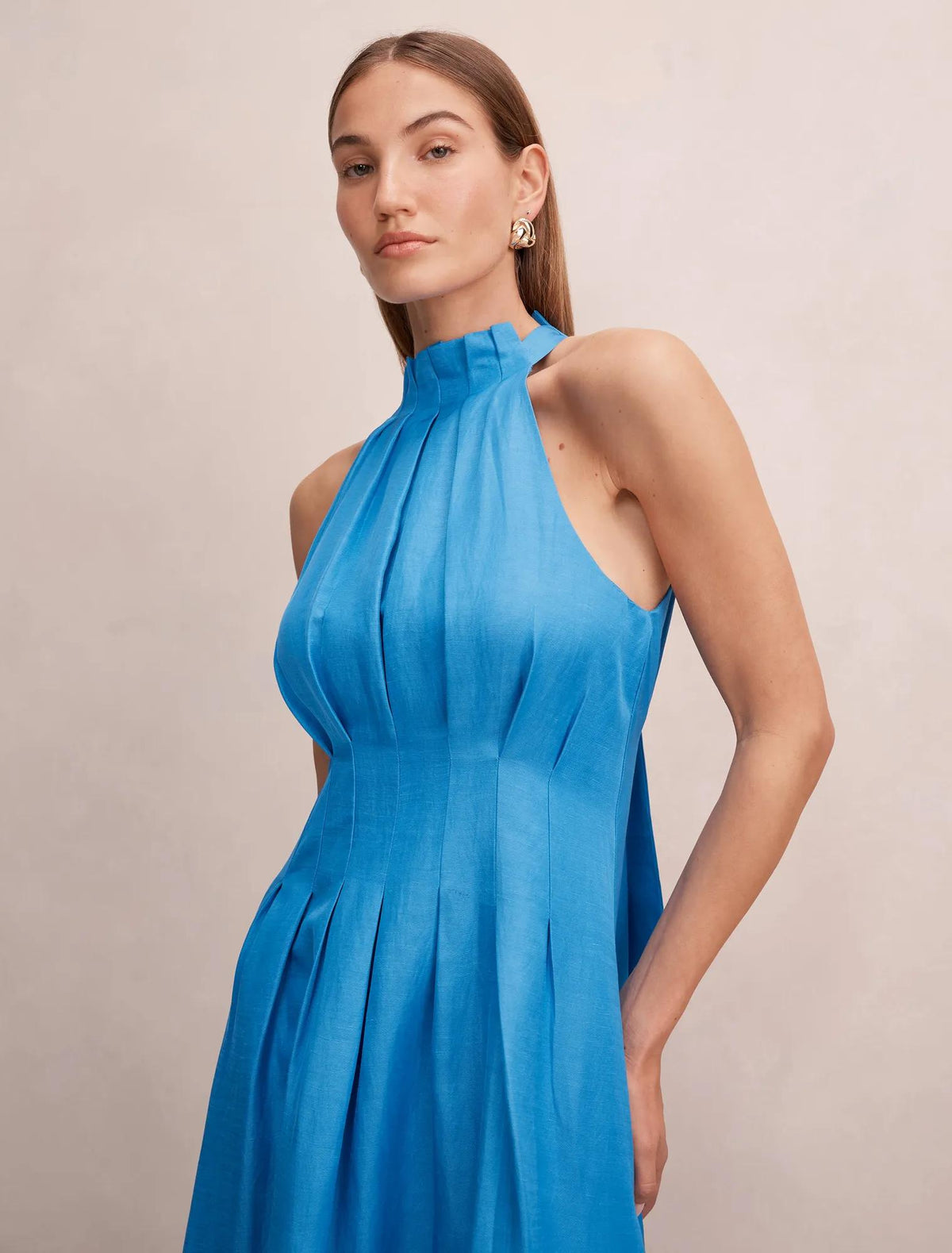 Miller Pleat Halter Midi Dress Mediterranean Blue