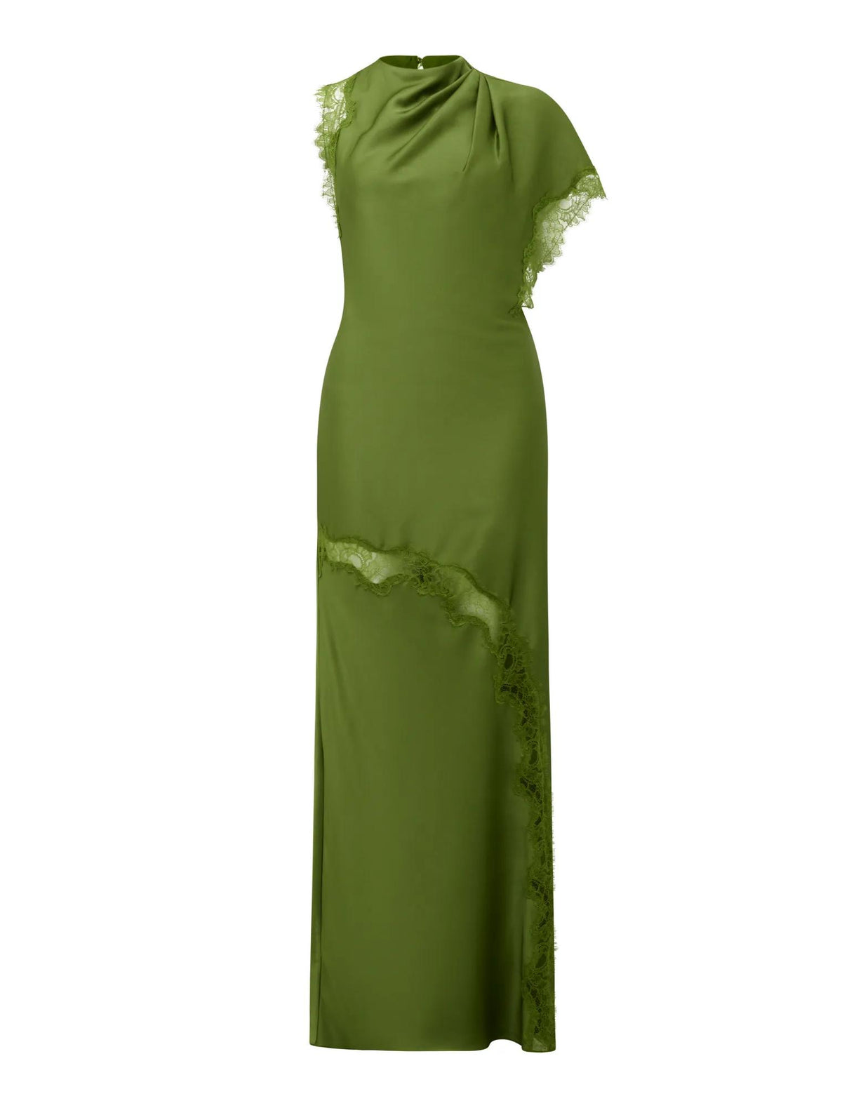 Kody Satin Lace Asymmetric Dress Olive Green_mannequin