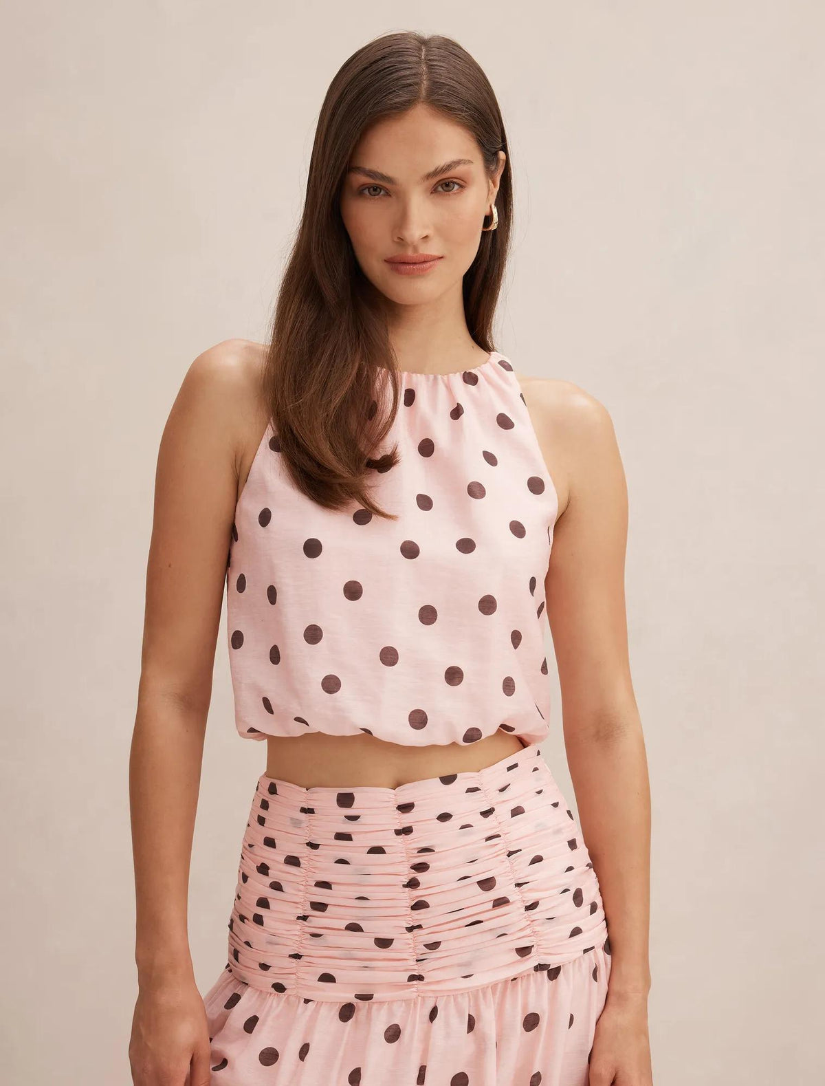 Rosella Halter Bubble Hem Top Pink Saxton Spot Co-ord