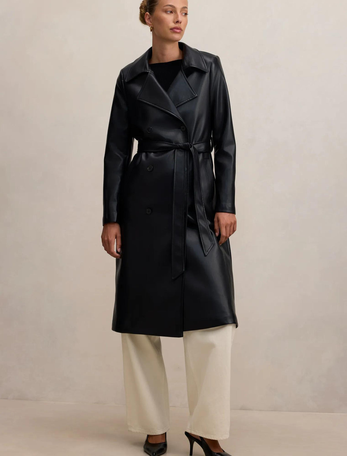 Sabina Faux Leather Trench Coat Black