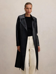 Sabina Faux Leather Trench Coat Black