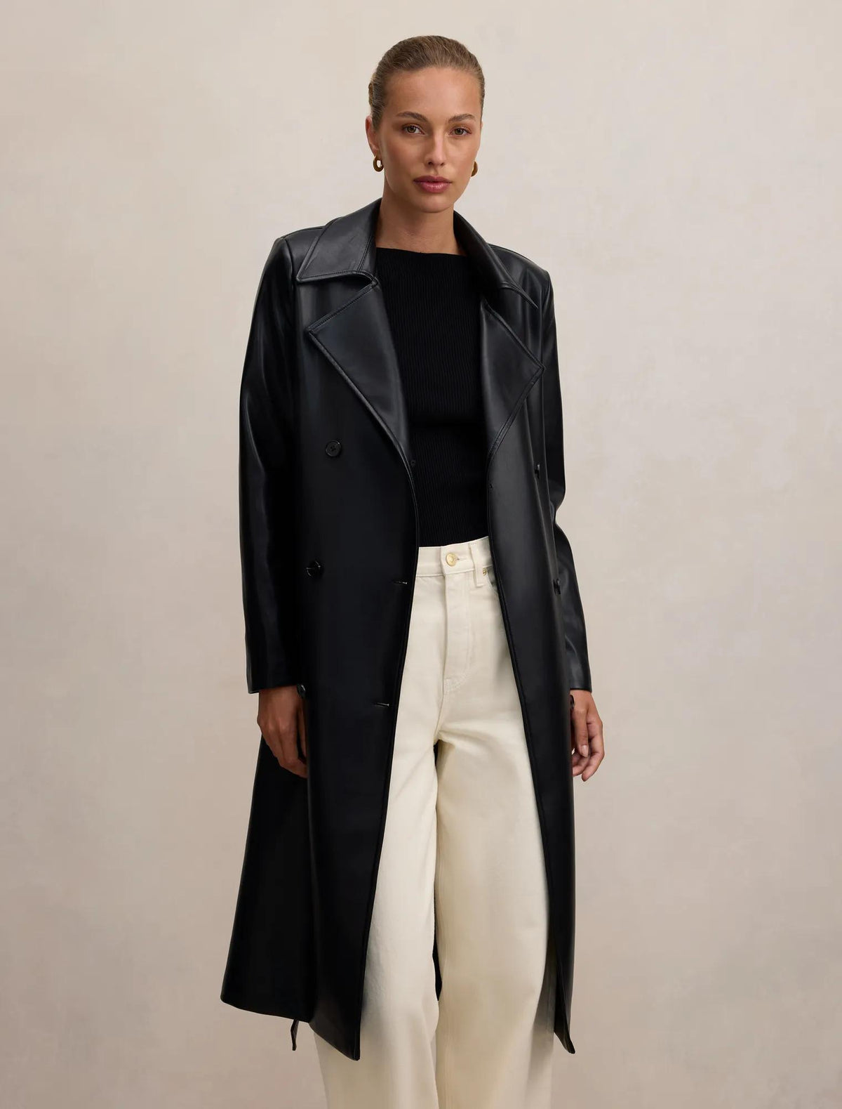 Sabina Faux Leather Trench Coat Black
