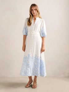 Esther Embroidered Midi Dress Blue Mael Embroidery