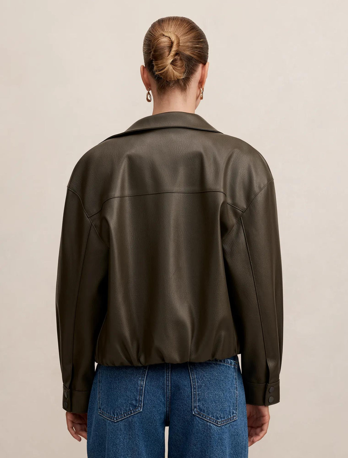 Angela Funnel Neck Faux Leather Bomber Jacket Khaki