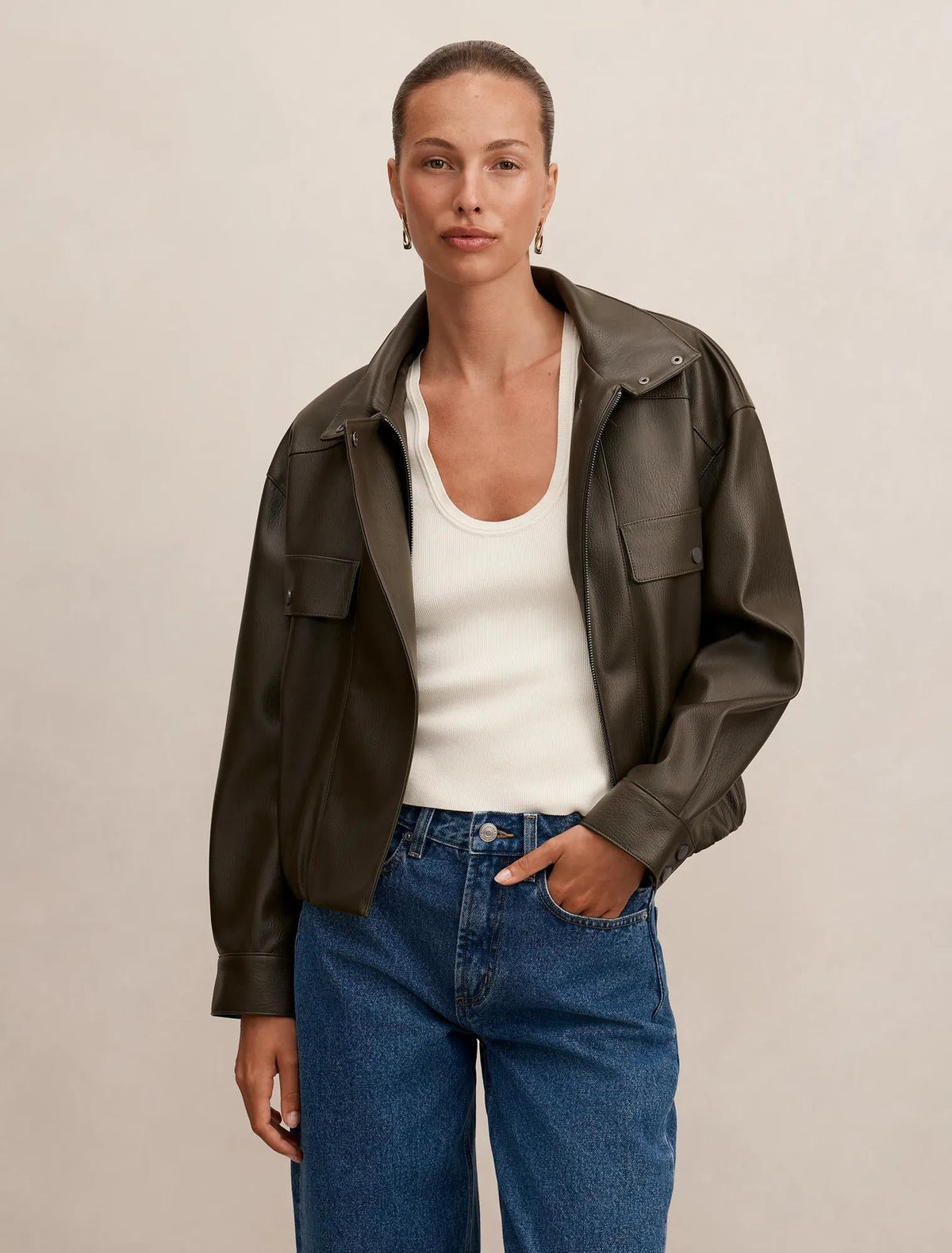 Angela Funnel Neck Faux Leather Bomber Jacket Khaki
