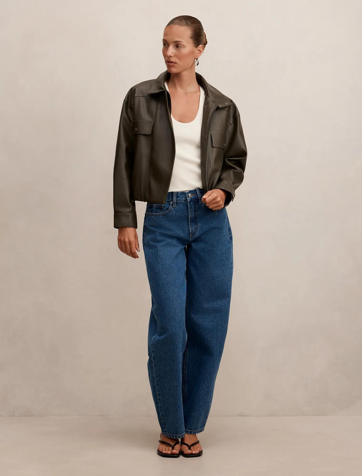 Angela Funnel Neck Faux Leather Bomber Jacket Khaki