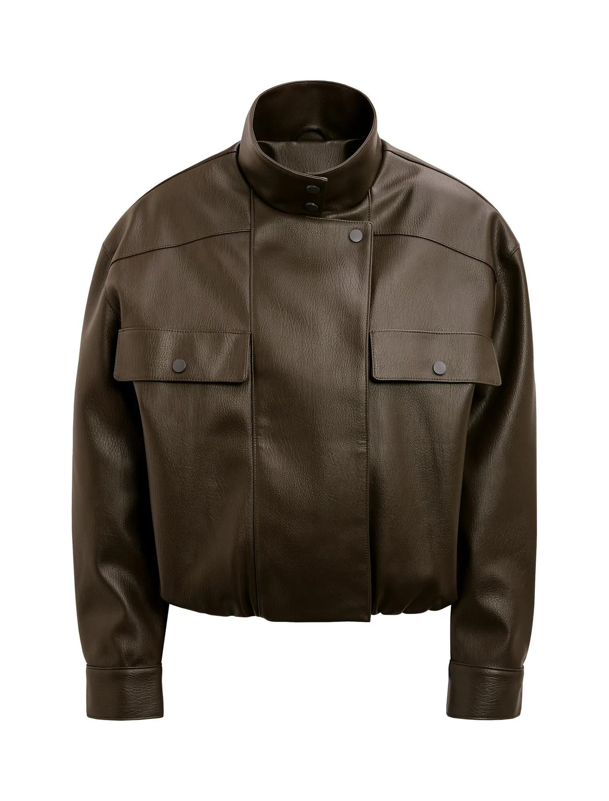 Angela Funnel Neck Faux Leather Bomber Jacket Khaki