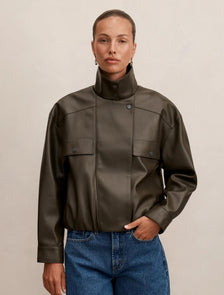 Angela Funnel Neck Faux Leather Bomber Jacket Khaki