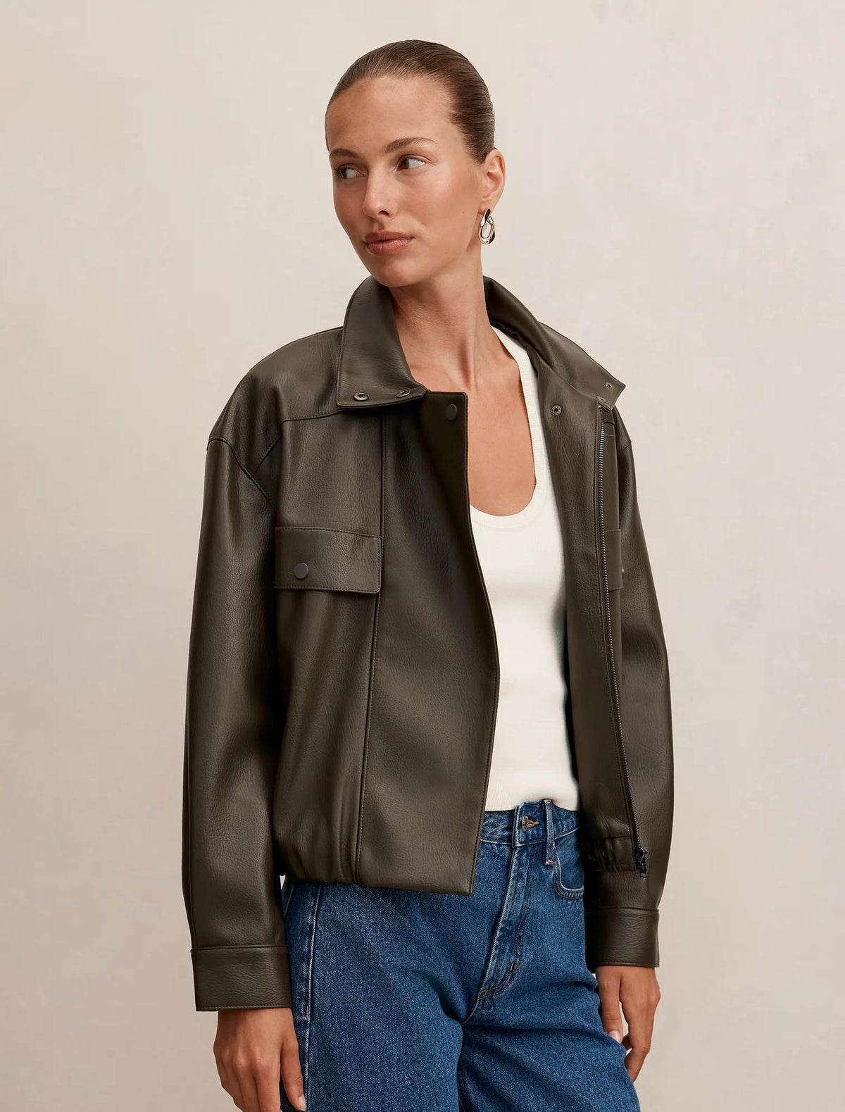 Angela Funnel Neck Faux Leather Bomber Jacket Khaki