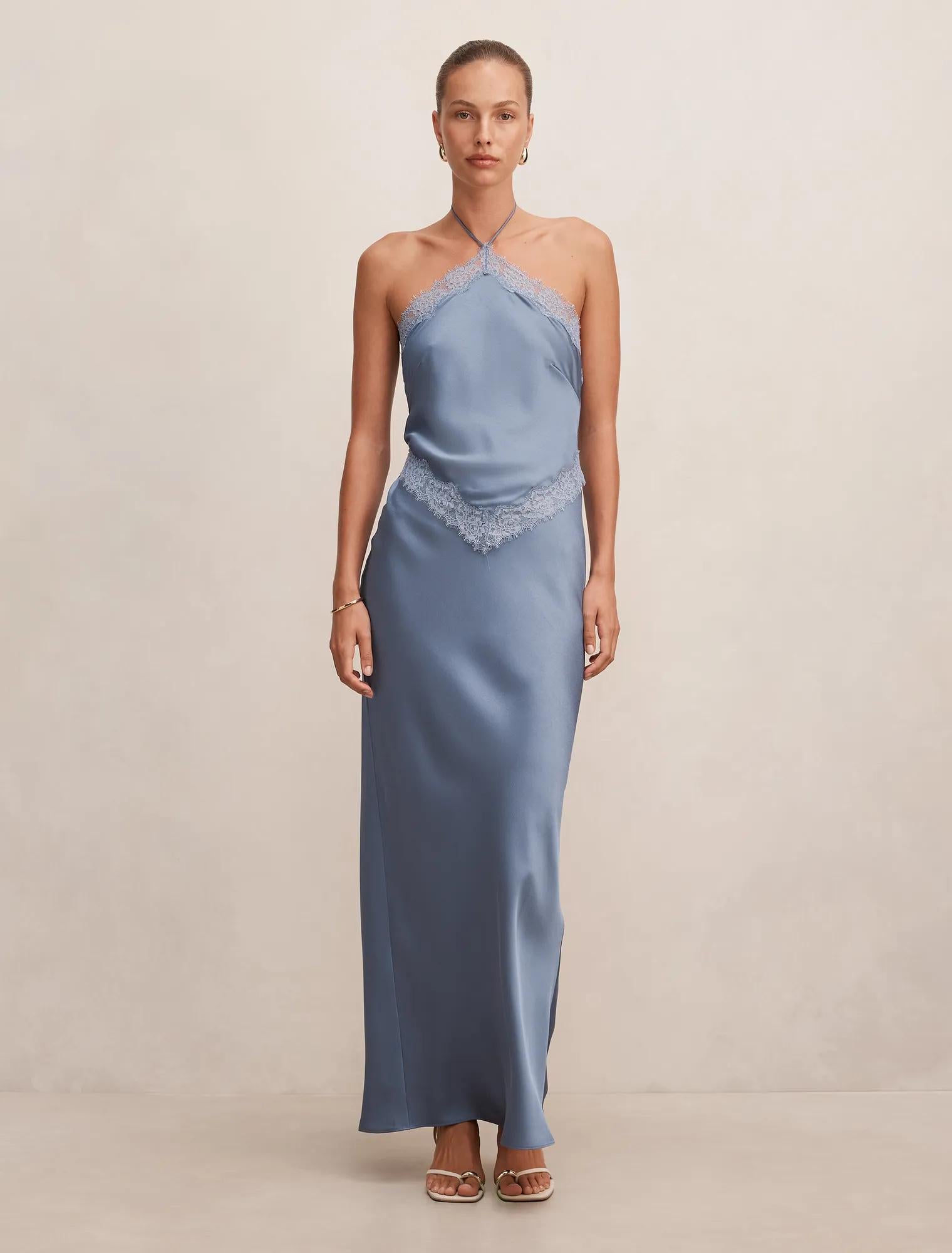 Kelli Lace Strappy Satin Maxi Dove Blue