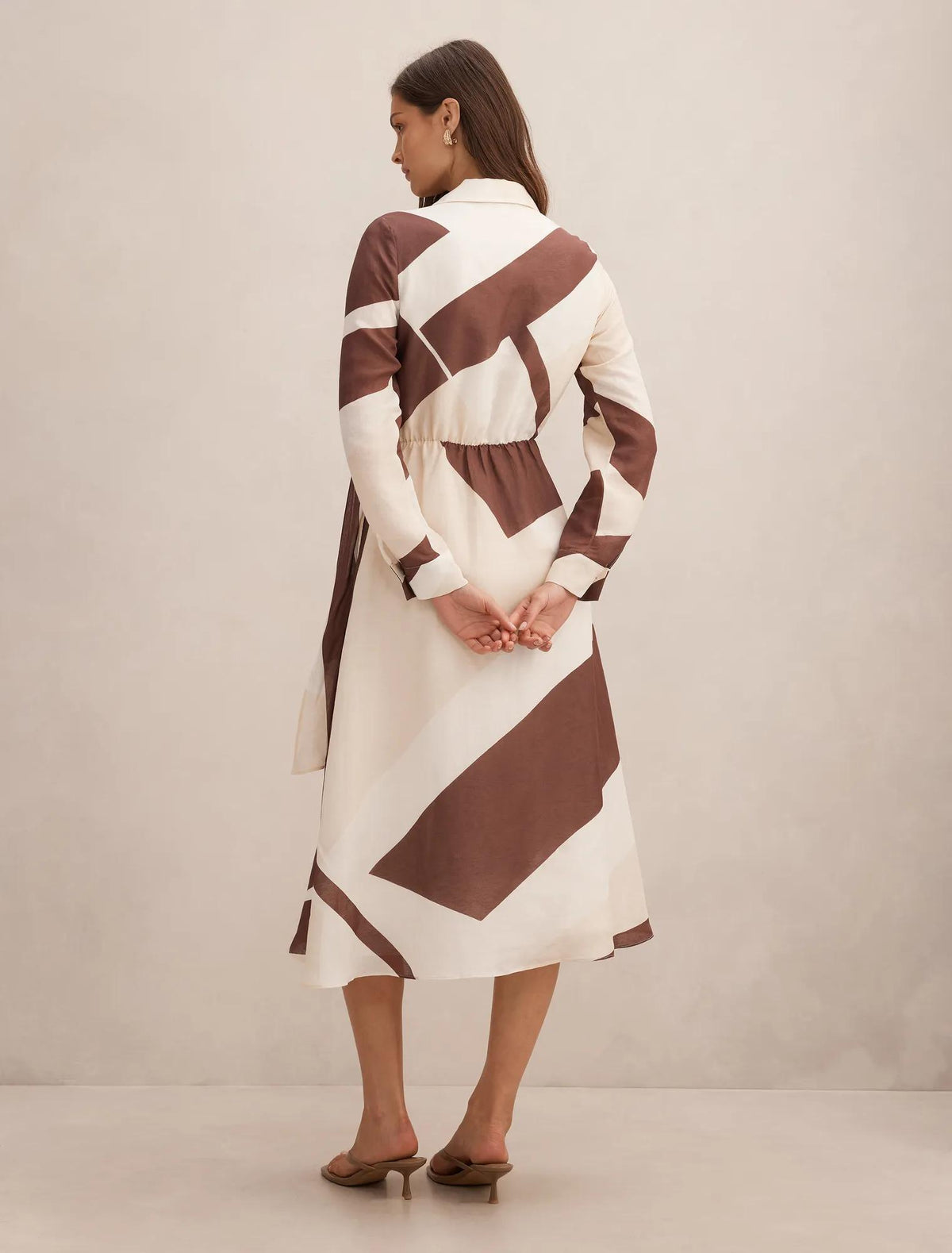 Angelina Long Sleeve Tie Midi Dress Driftwood Geo