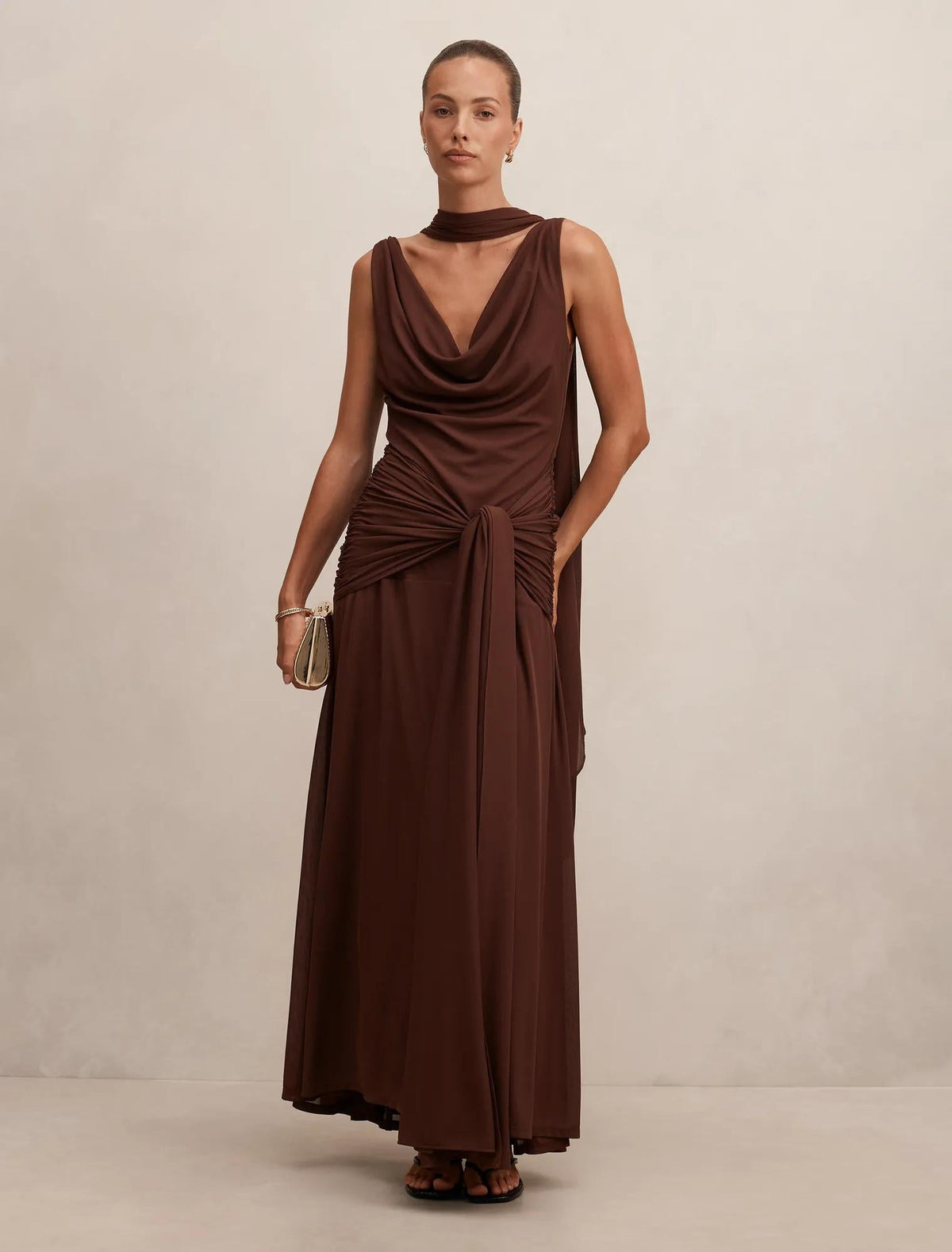 Vivianne Scarf Tie Maxi Dress Dark Mahogany