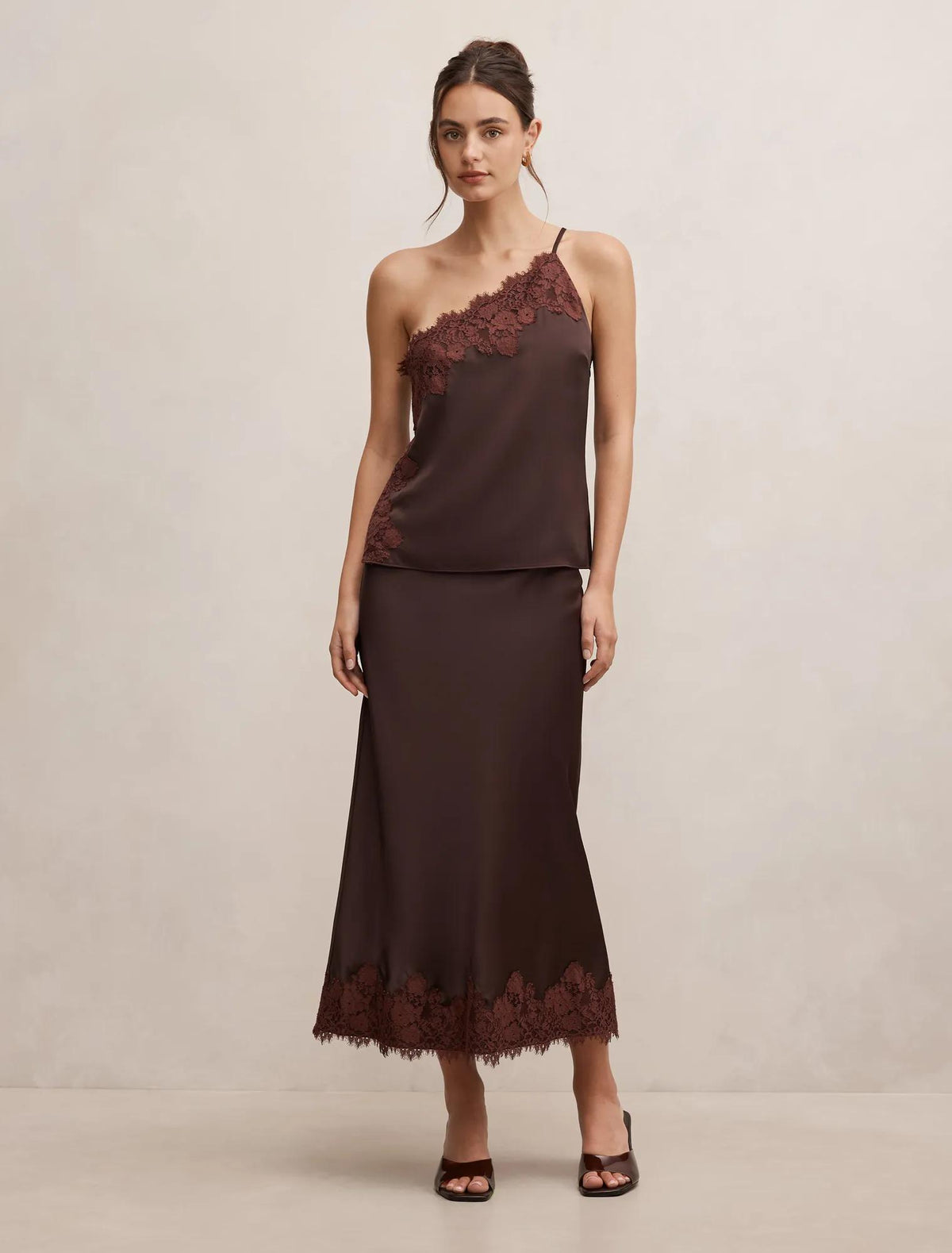 Adele Lace Trim Midi Skirt Bitter Choc Co-ord