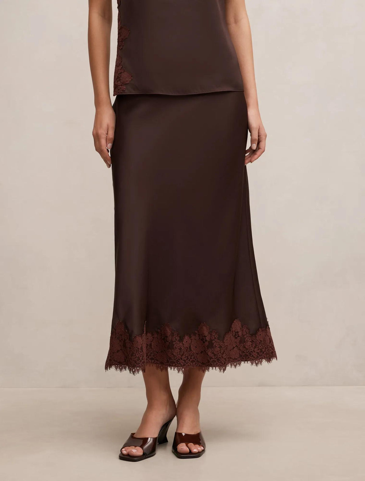 Adele Lace Trim Midi Skirt Bitter Choc Co-ord