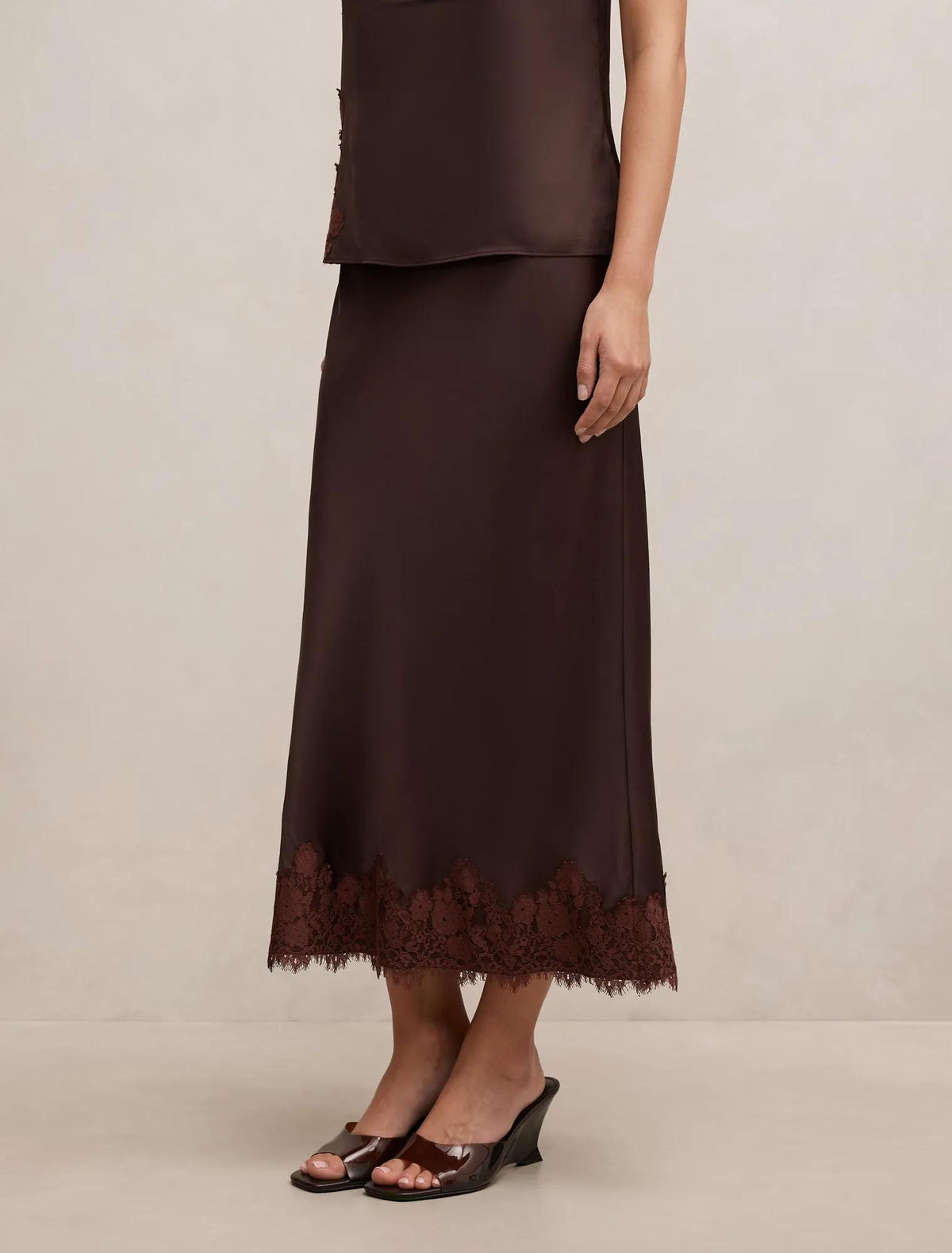 Adele Lace Trim Midi Skirt Bitter Choc Co-ord