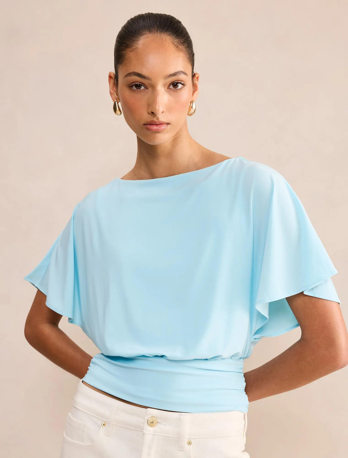 Piper Cinched Flutter Sleeve Top Blue Glow