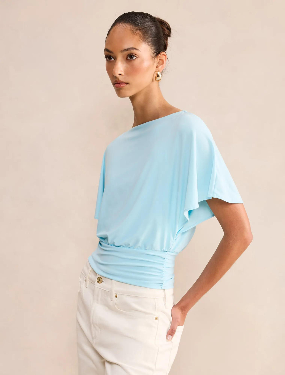 Piper Cinched Flutter Sleeve Top Blue Glow