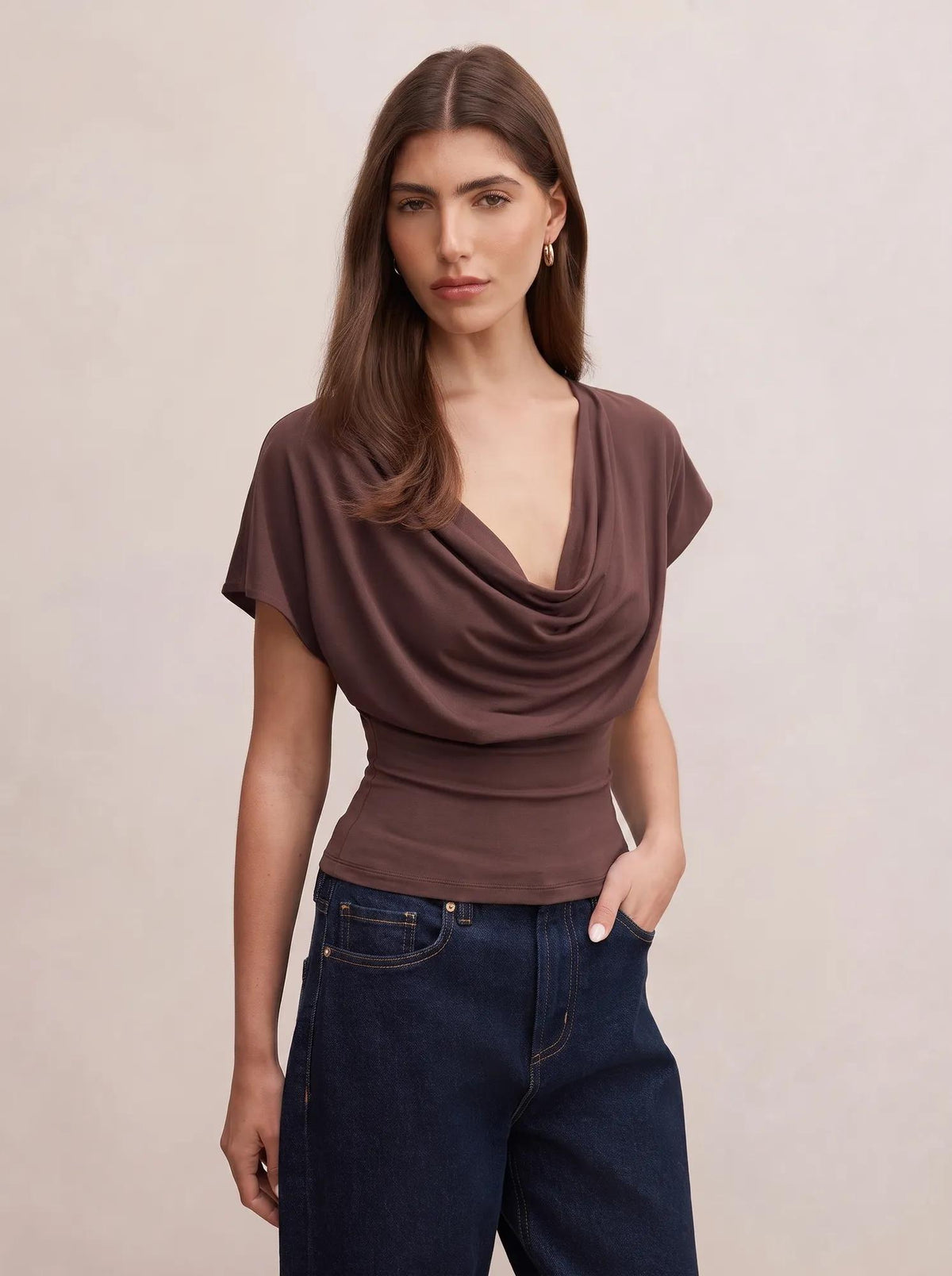 Phoebe Draped Cowl Top Bark