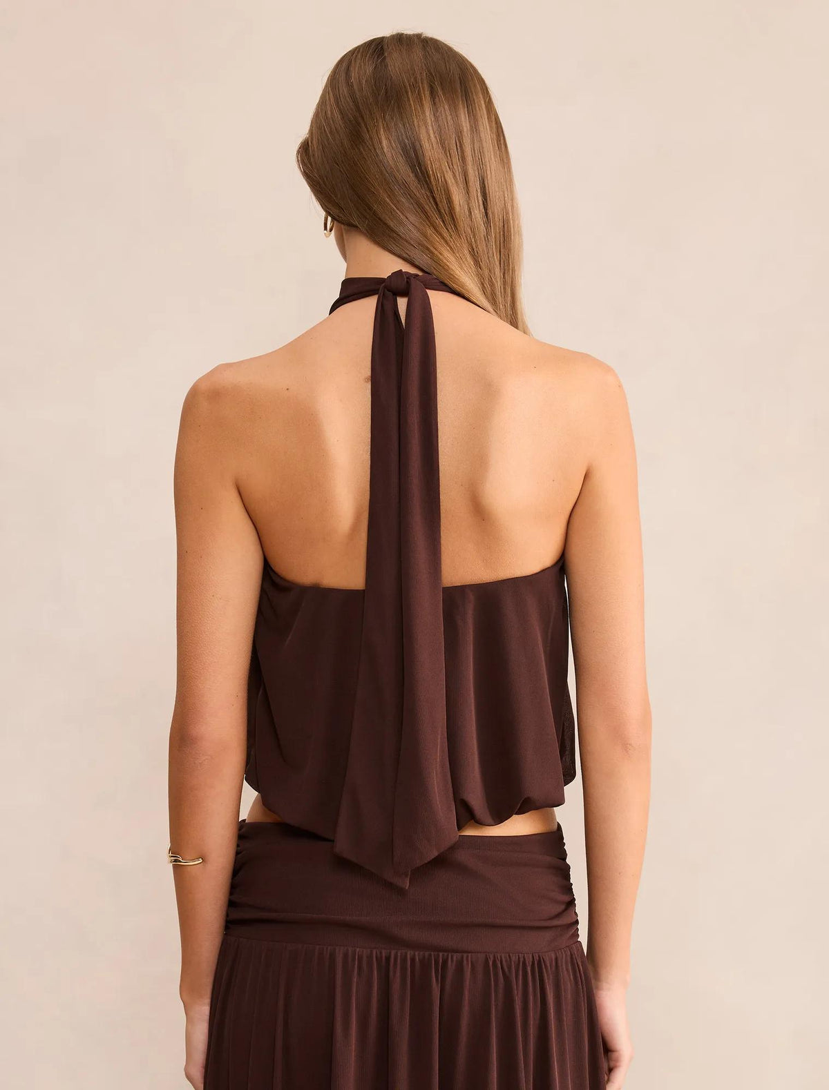 Layne Bubble Waist Halter Top Rich Chocolate co-ord