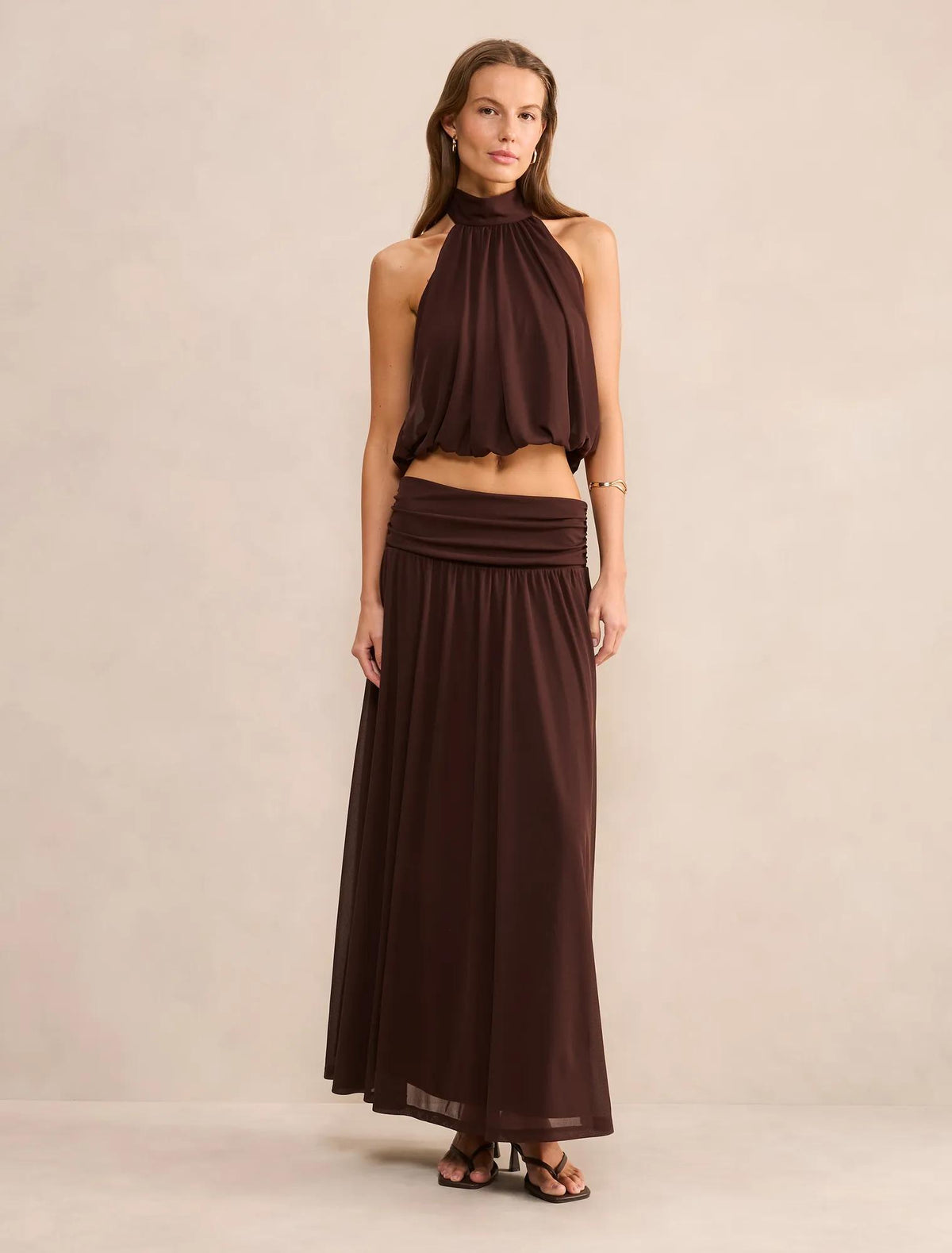 Layne Bubble Waist Halter Top Rich Chocolate co-ord