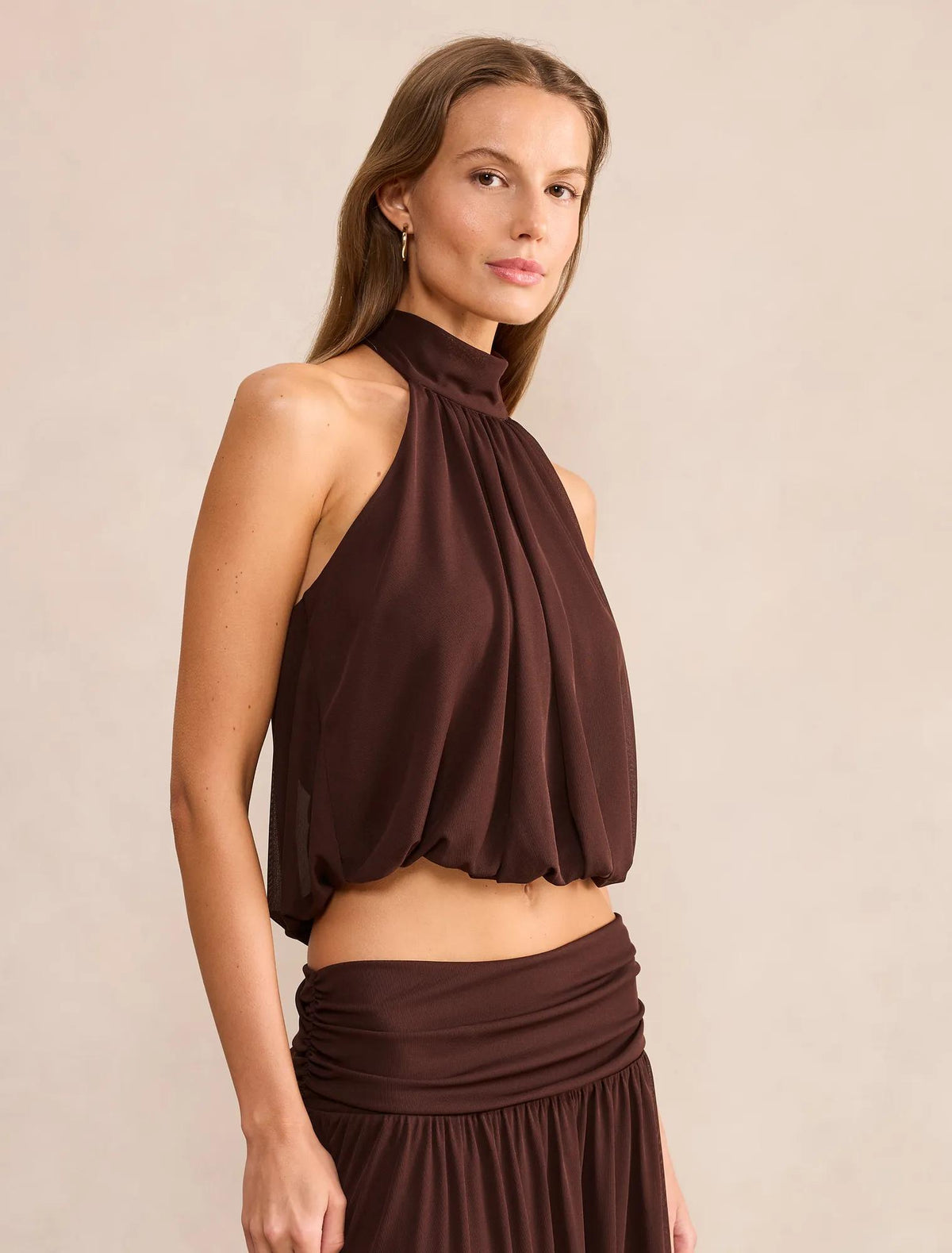Layne Bubble Waist Halter Top Rich Chocolate co-ord