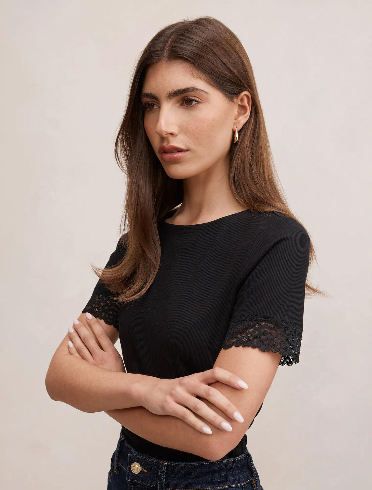 Nina Lace Trim Tee Black