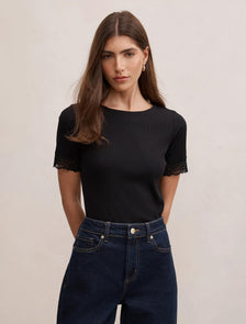 Nina Lace Trim Tee Black