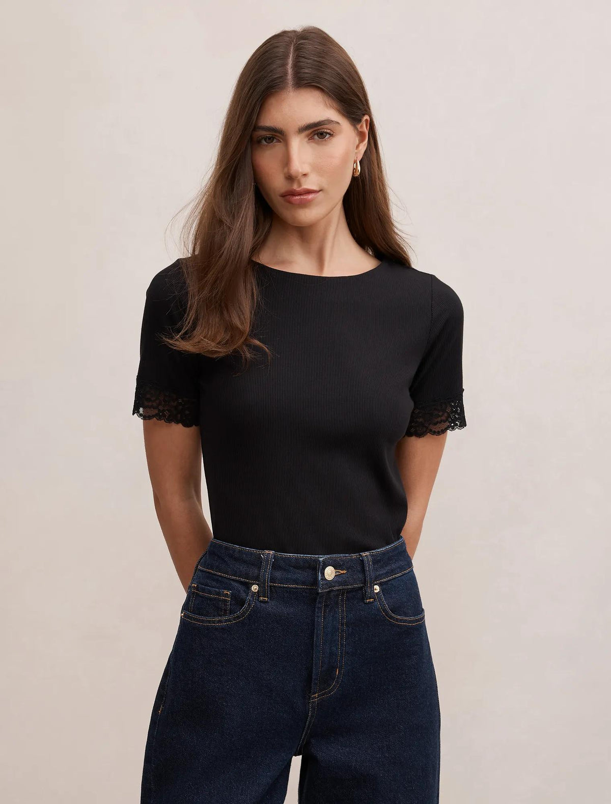 Nina Lace Trim Tee Black