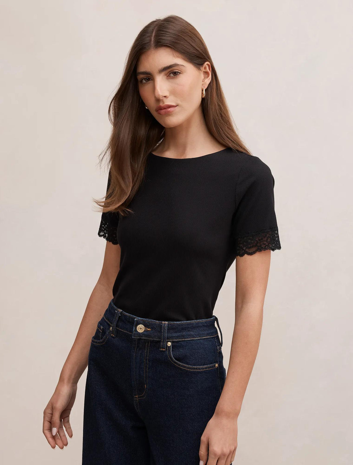 Nina Lace Trim Tee Black