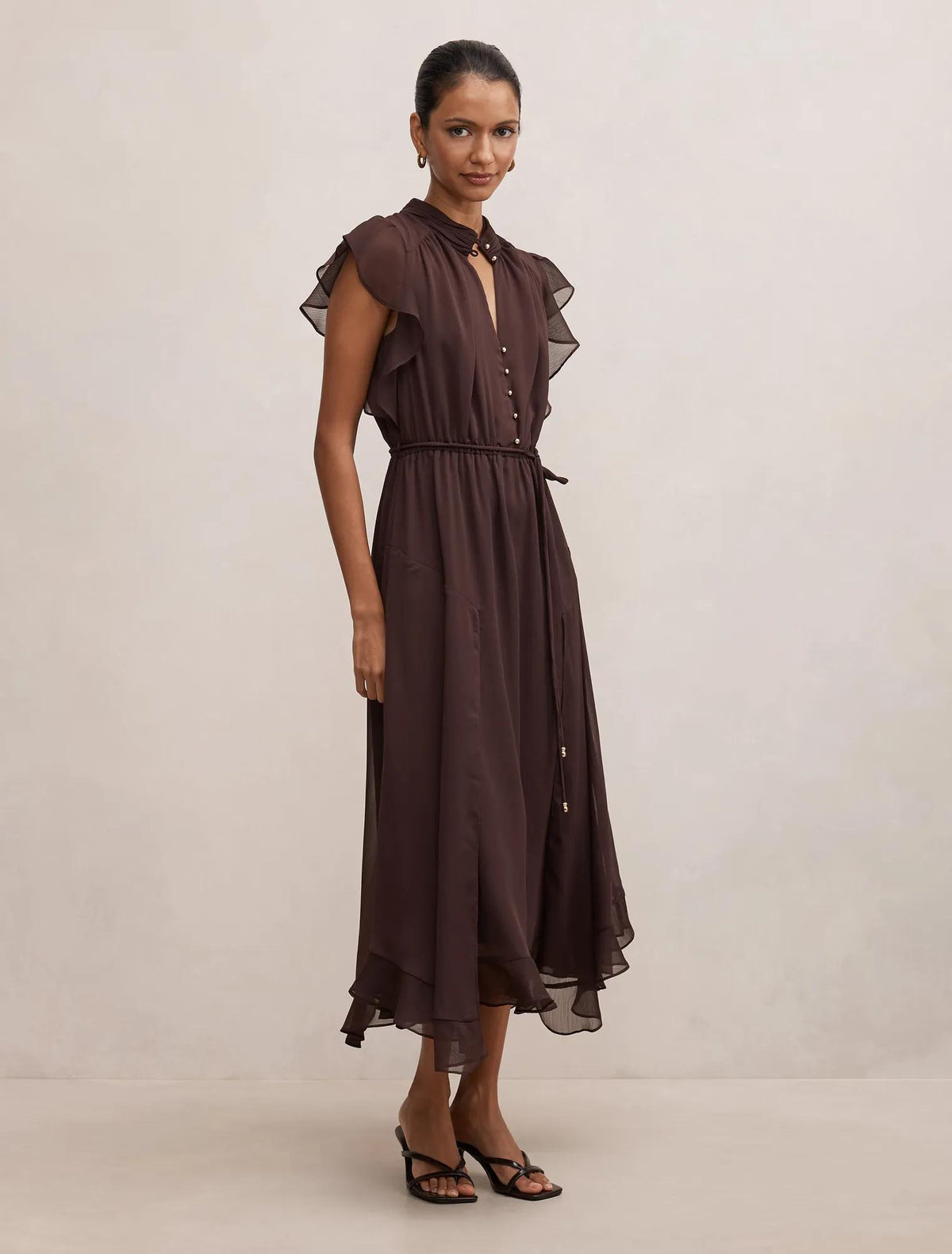 Maxwell Petite Flutter Sleeve Midi Chocolate