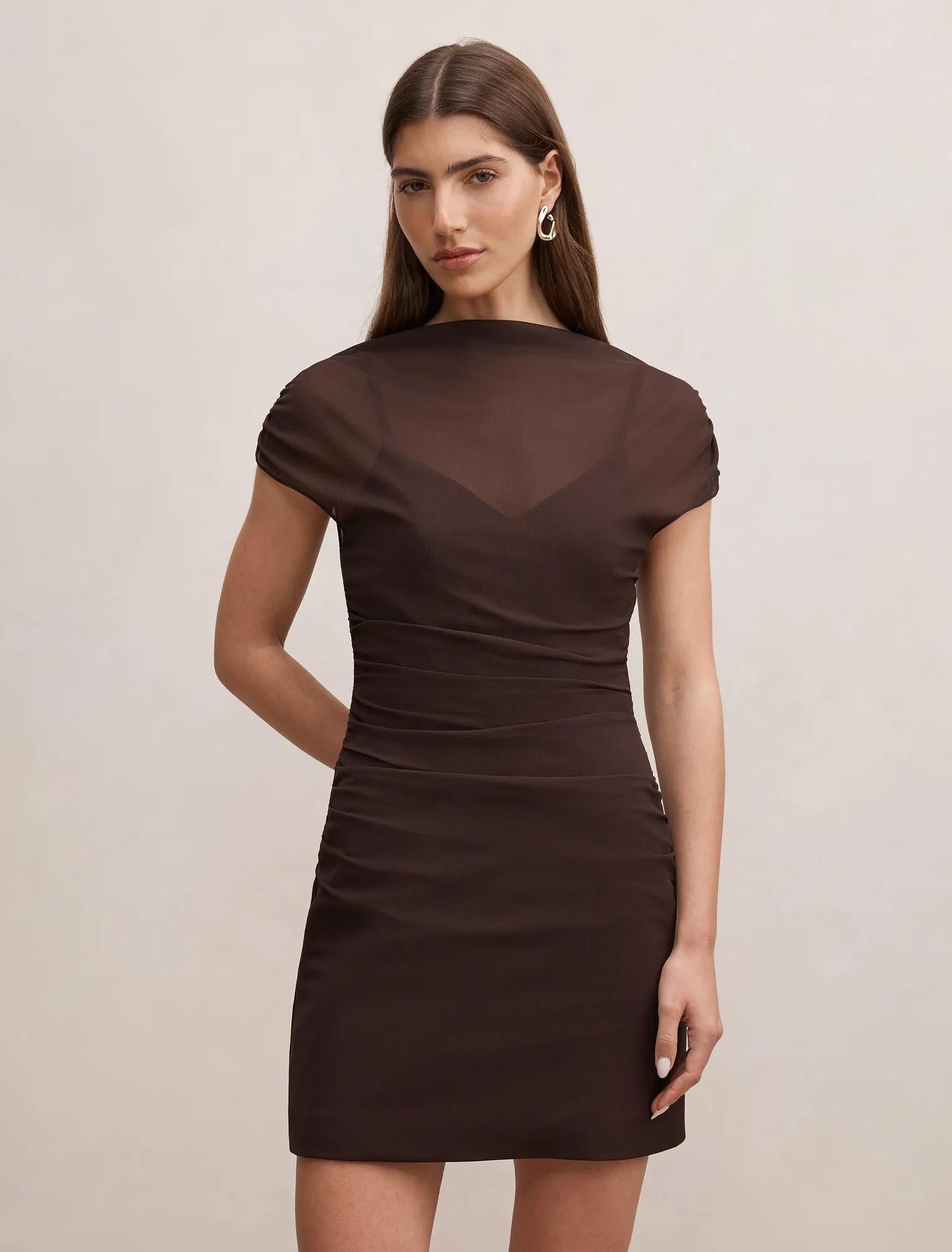 Vivianna Mesh Overlay Mini Dress Chocolate