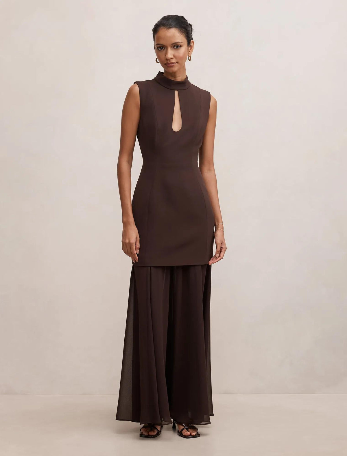 Pearl Petite High Neck Underlay Dress Dark Chocolate