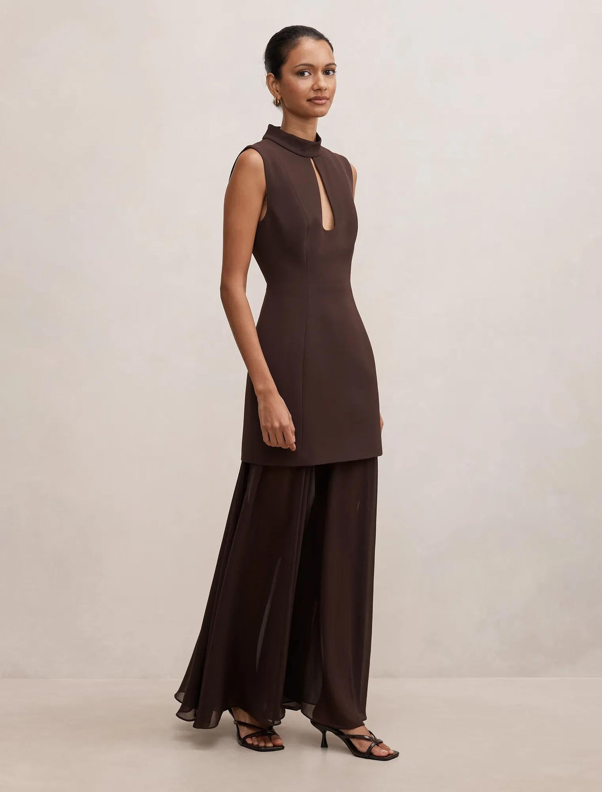 Pearl Petite High Neck Underlay Dress Dark Chocolate