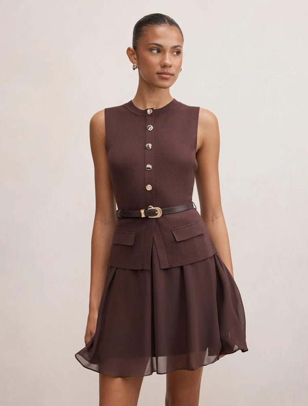 Belle Woven Mix Mini dress Chocolate