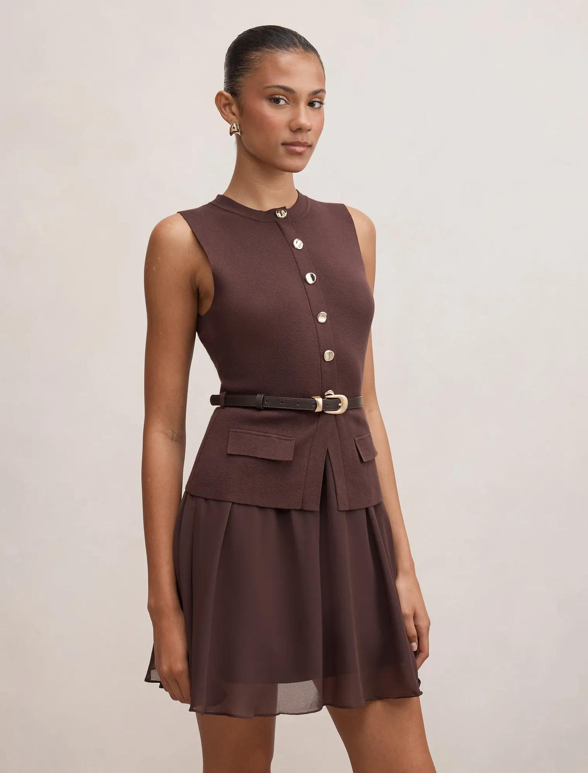 Belle Woven Mix Mini dress Chocolate