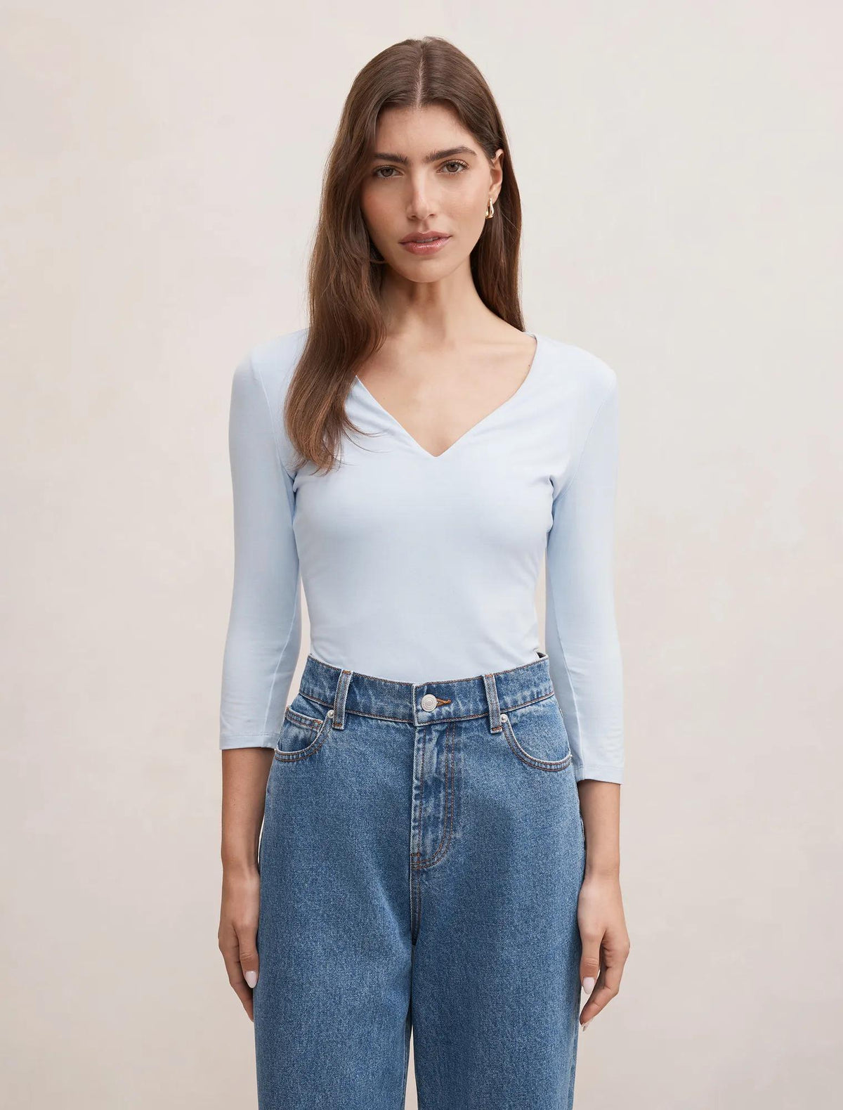 Tia V Neck 3/4 Sleeve Top Cloud Blue