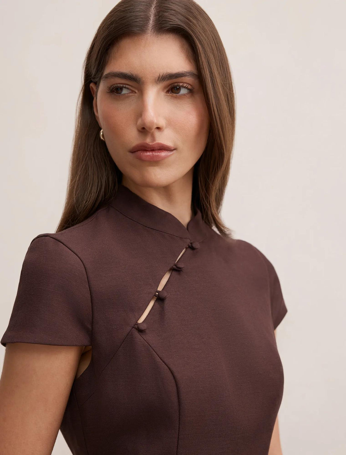 Jessie Asym Button Collar Mini Dress Dark Chocolate