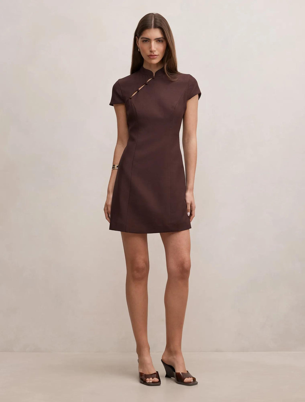 Jessie Asym Button Collar Mini Dress Dark Chocolate