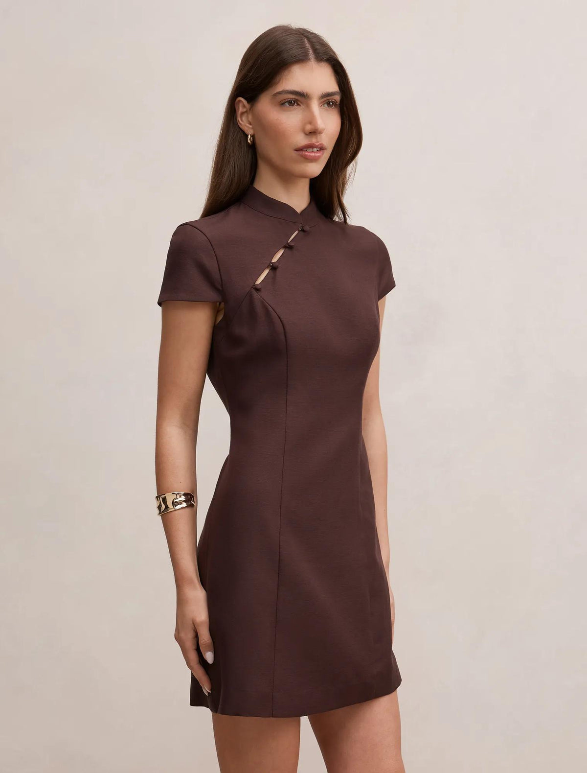 Jessie Asym Button Collar Mini Dress Dark Chocolate