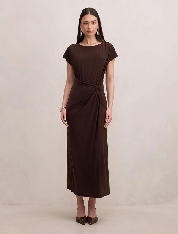 Lacie Draped Jersey Midi Dress Chocolate