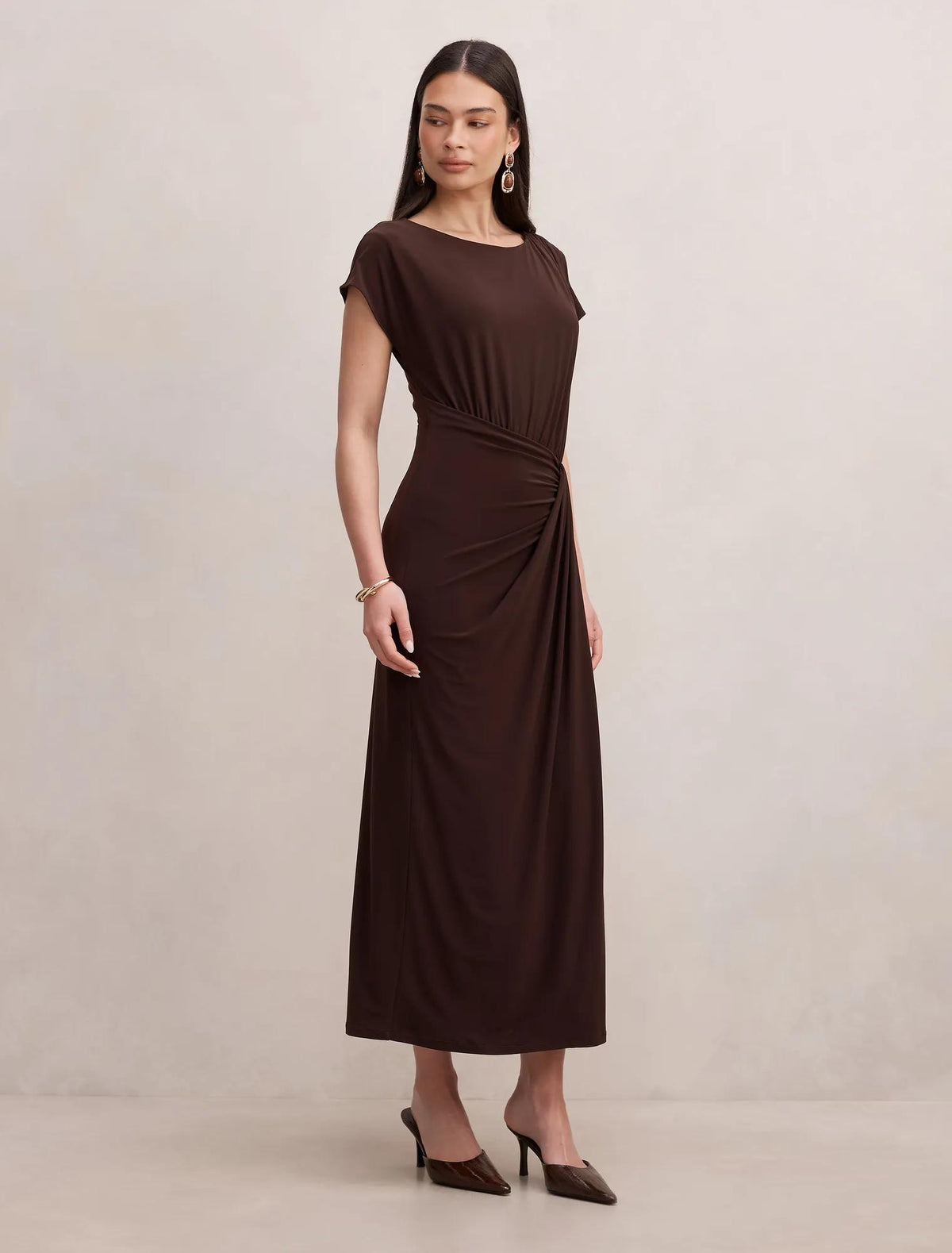 Lacie Draped Jersey Midi Dress Chocolate